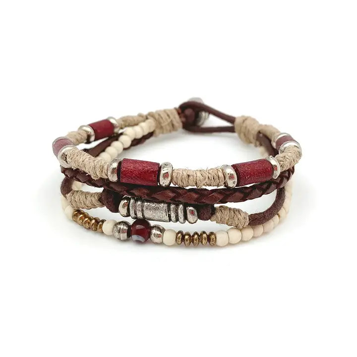Aadi Bracelet - Twine, Mixed Beads, Brown Leather