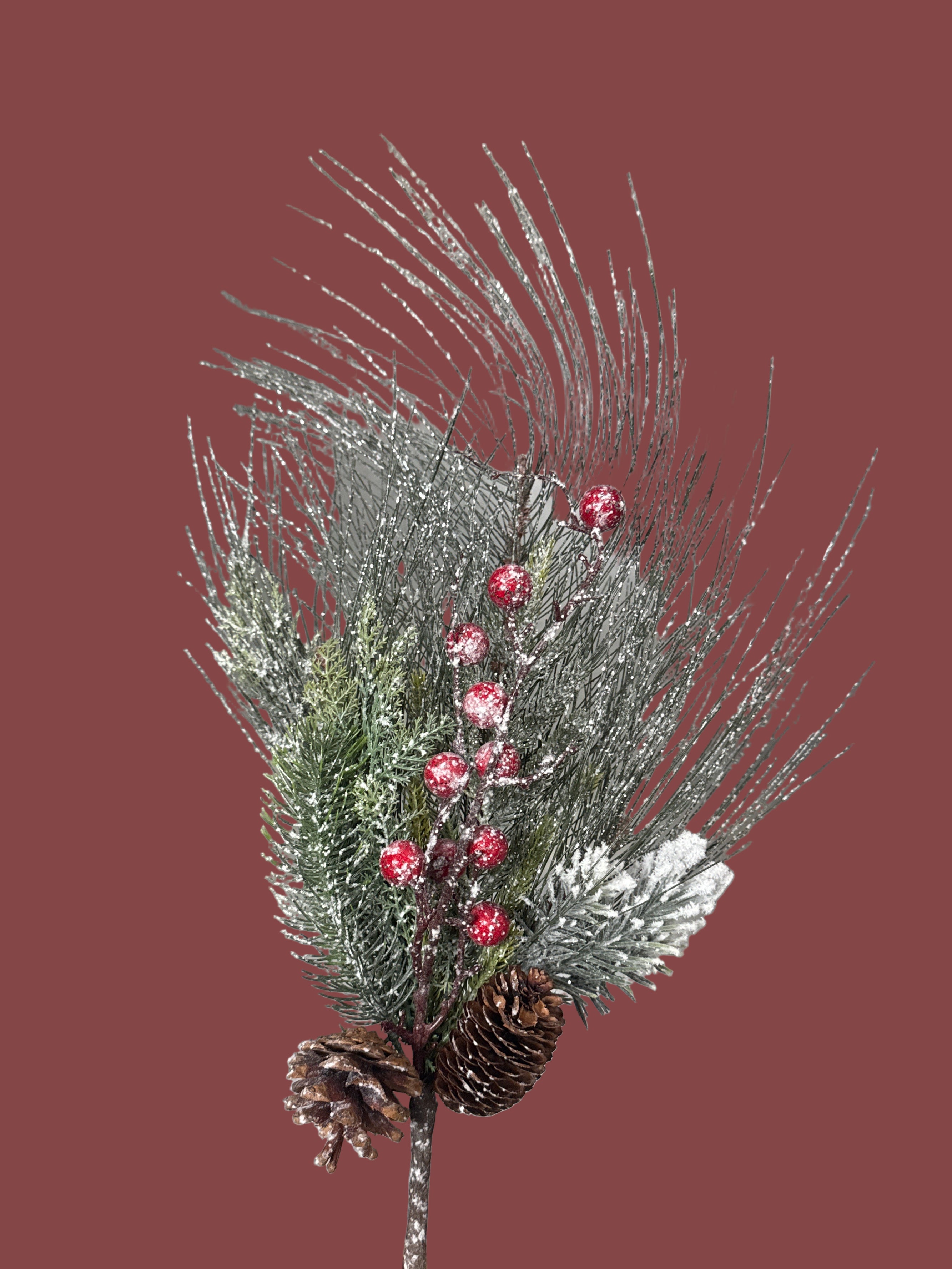 24" Frosted Long needle Pine Berry Spray