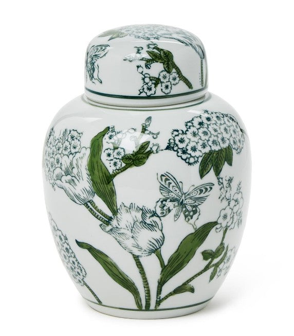 Primrose and Lotus 7 1/2" Hand-Painted Green and White Chinoiserie Ginger Jar with Lid