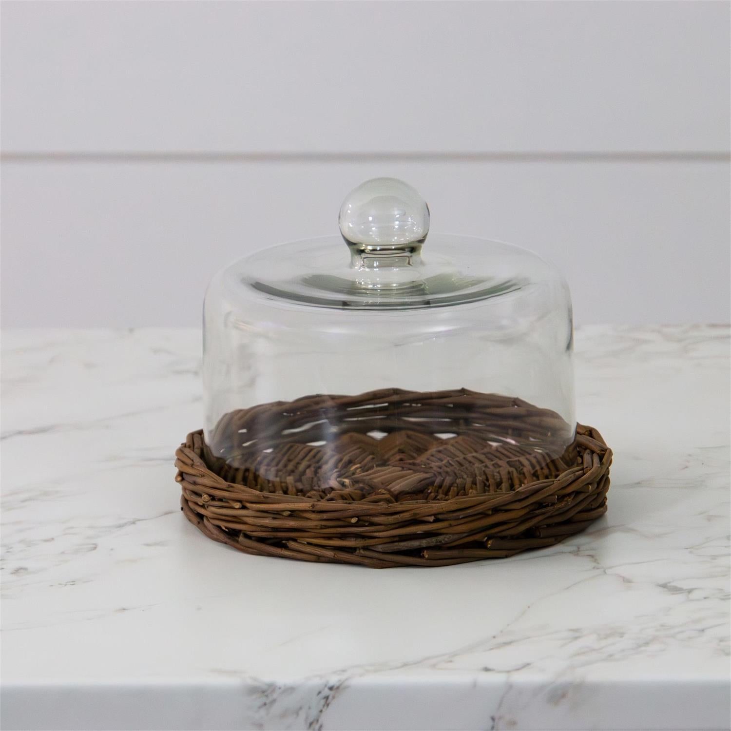 Glass Dome with Wicker Tray