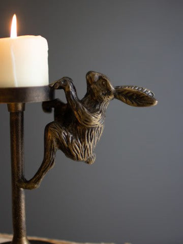 Set of 2 Antique Brass Cast Aluminum Rabbit Candle Holders