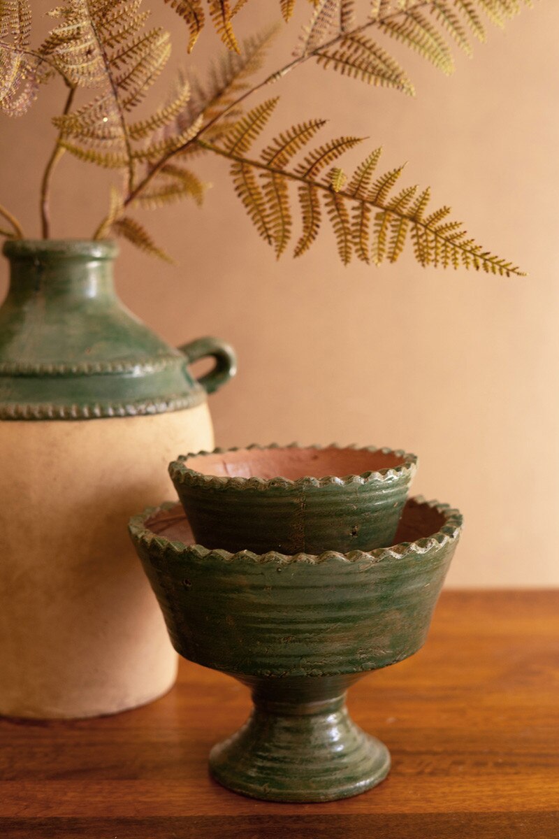 Set of 2 Green and Terracotta Clay Compotes