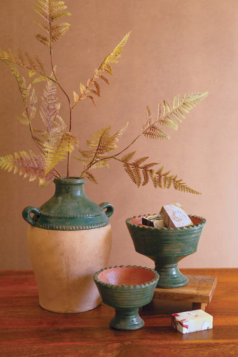 Set of 2 Green and Terracotta Clay Compotes
