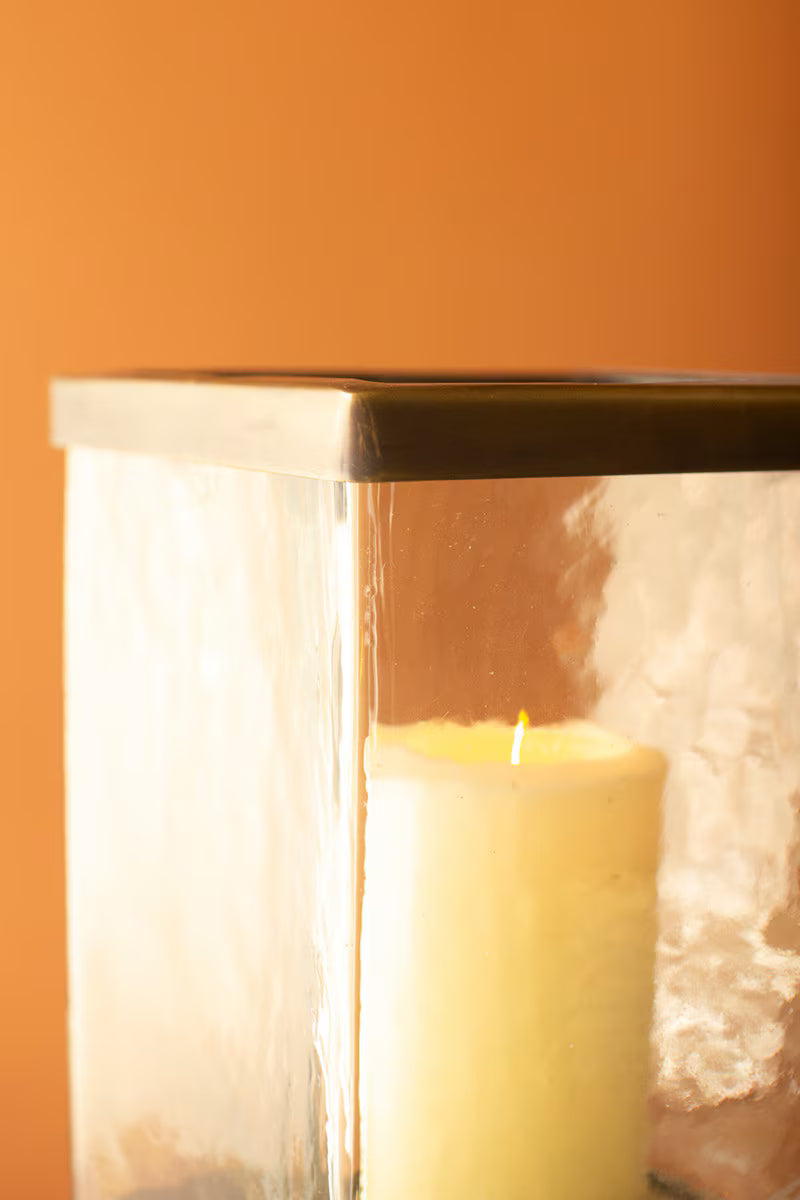 Pre Order (March) Square Glass Hurricane w/ Antique Brass Base, 2 Size Options