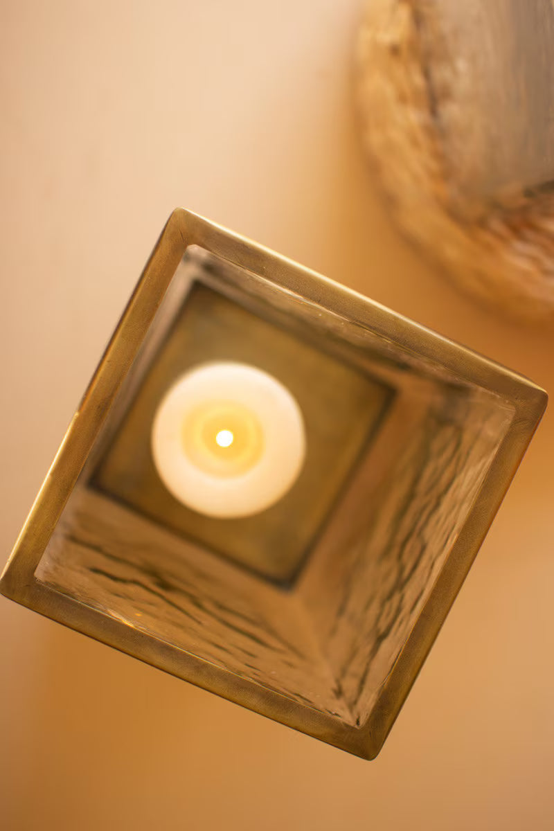 Pre Order (March) Square Glass Hurricane w/ Antique Brass Base, 2 Size Options