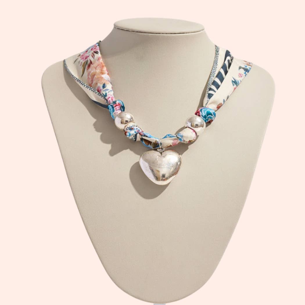 Heart and Dual Beads Pendant Scarf Necklace, 2 Color Options