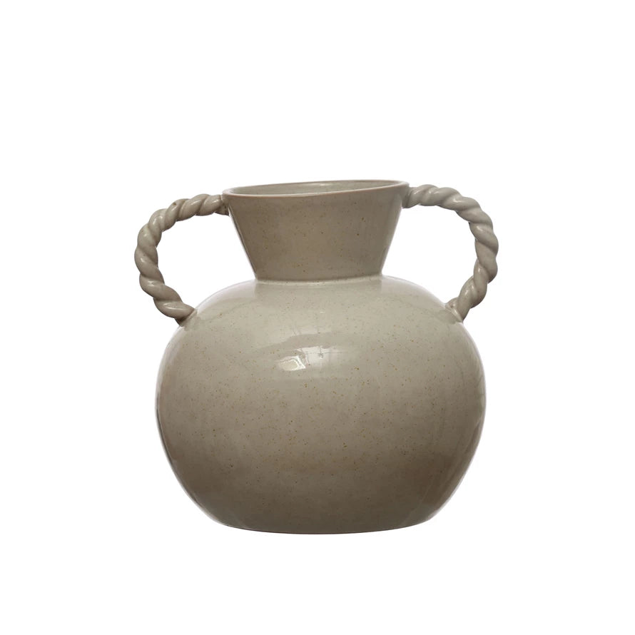 Stoneware Vase with Twisted Handles, Reactive Glaze, Cream