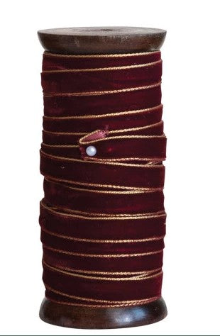 10 Yard Velvet Ribbon on Wood Spool w/ Metallic Edges, 4 Color Options