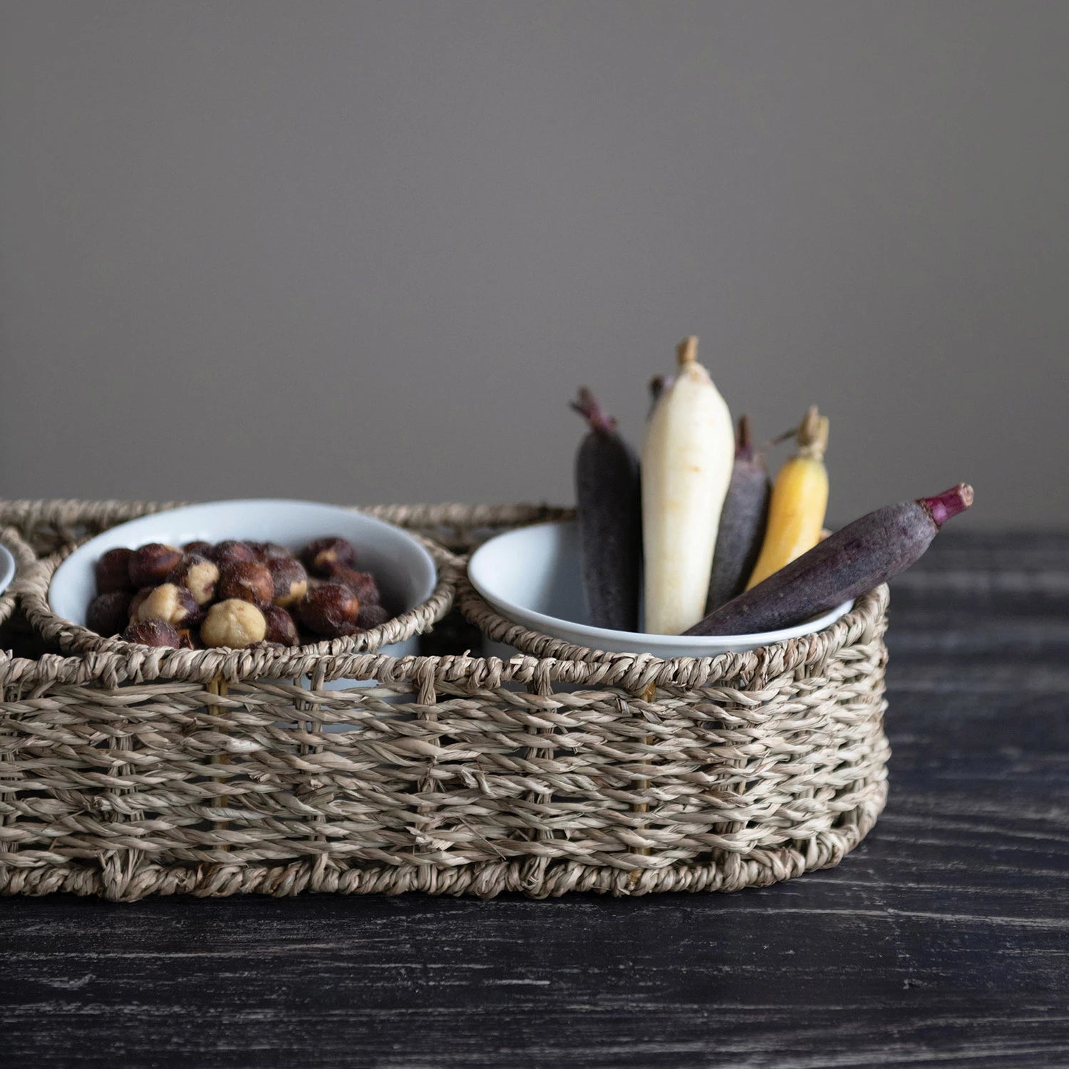 Hand Woven Basket with Ceramic Bowls