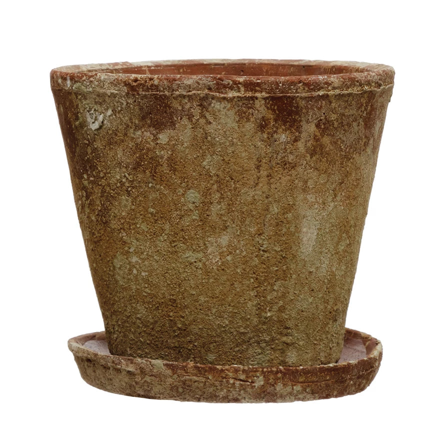 9-1/4"H Distressed Cement Planter with Saucer