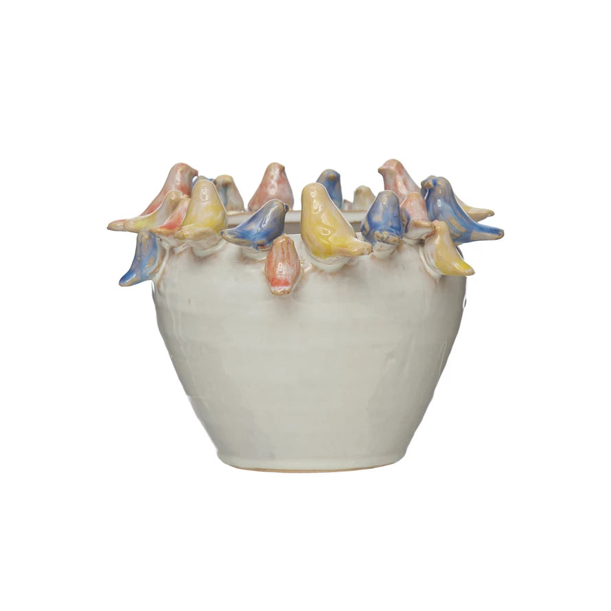 Stoneware Planter with Birds on Rim with Reactive Glaze