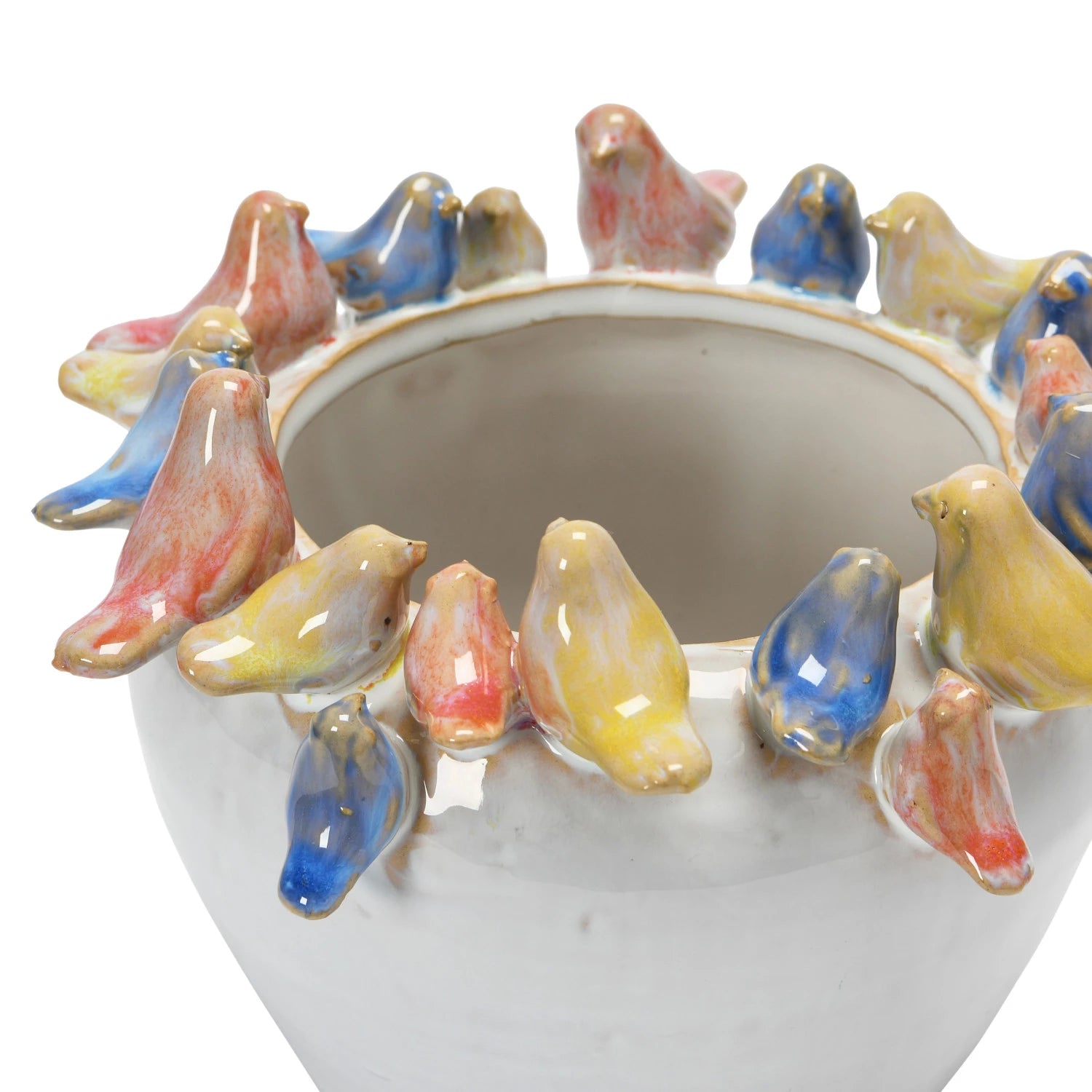 Stoneware Planter with Birds on Rim with Reactive Glaze