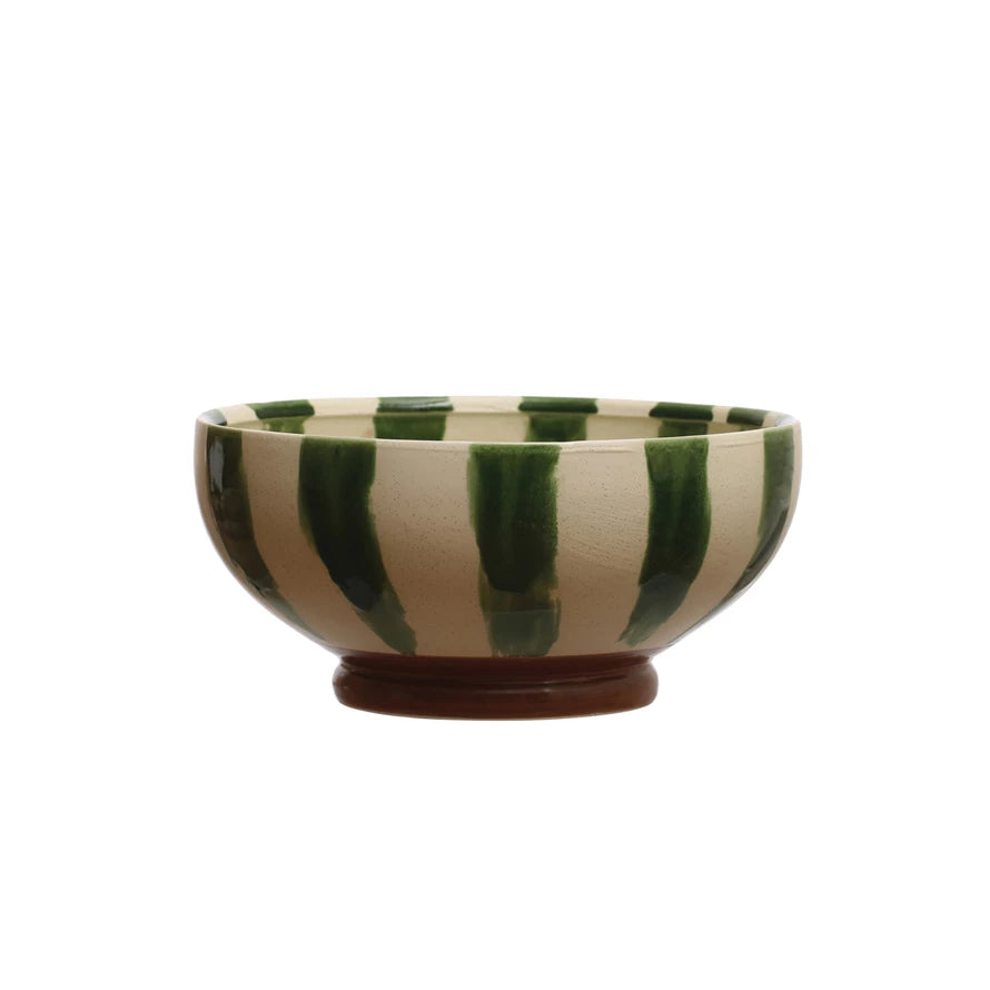 Hand-Painted Stoneware Footed Bowl with Stripes