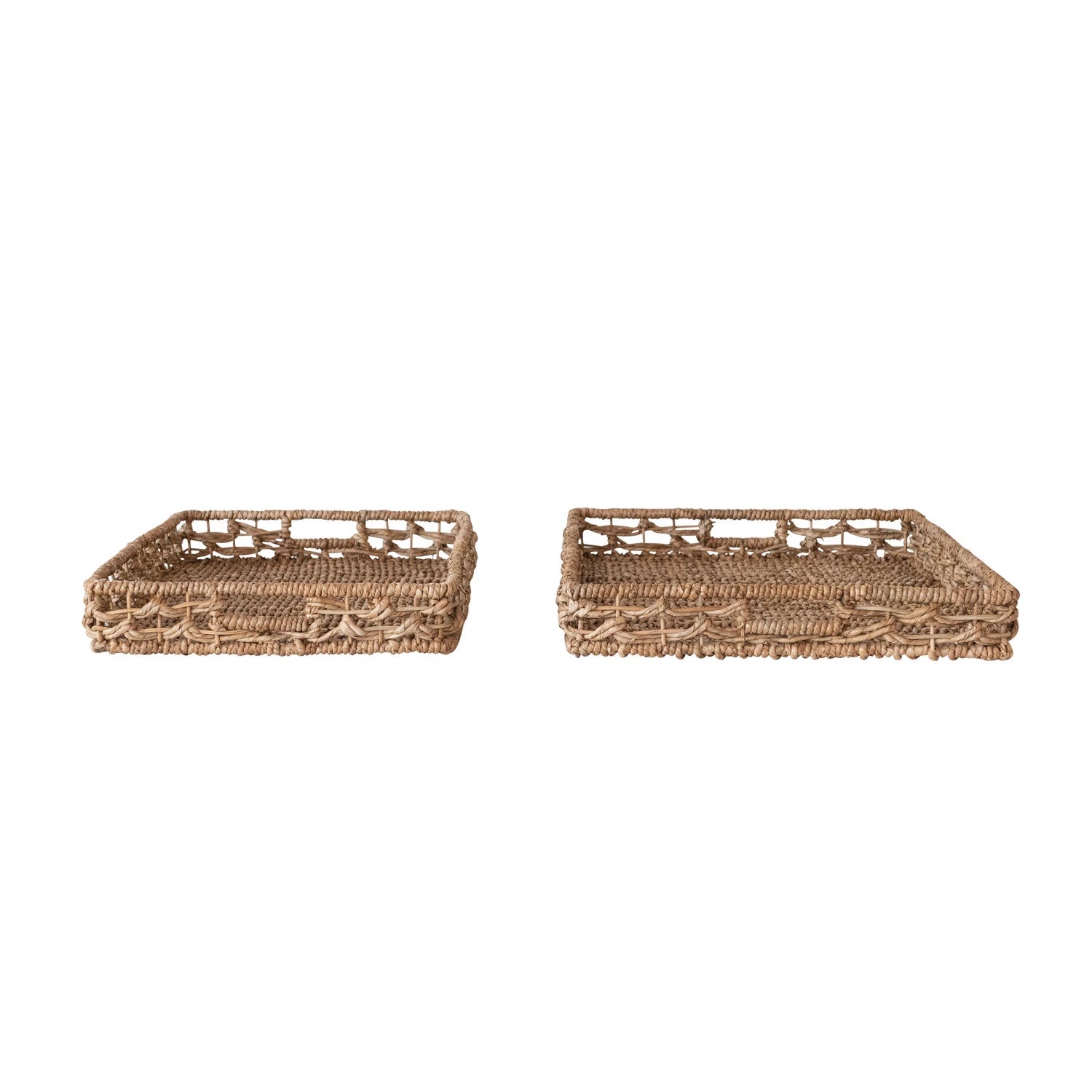 Decorative Hand-Woven Water Hyacinth & Rattan Trays with Handles, Size Options