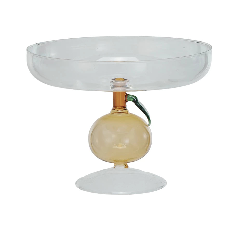 Glass Pedestal with Orange Shaped Base, Green & Amber Color