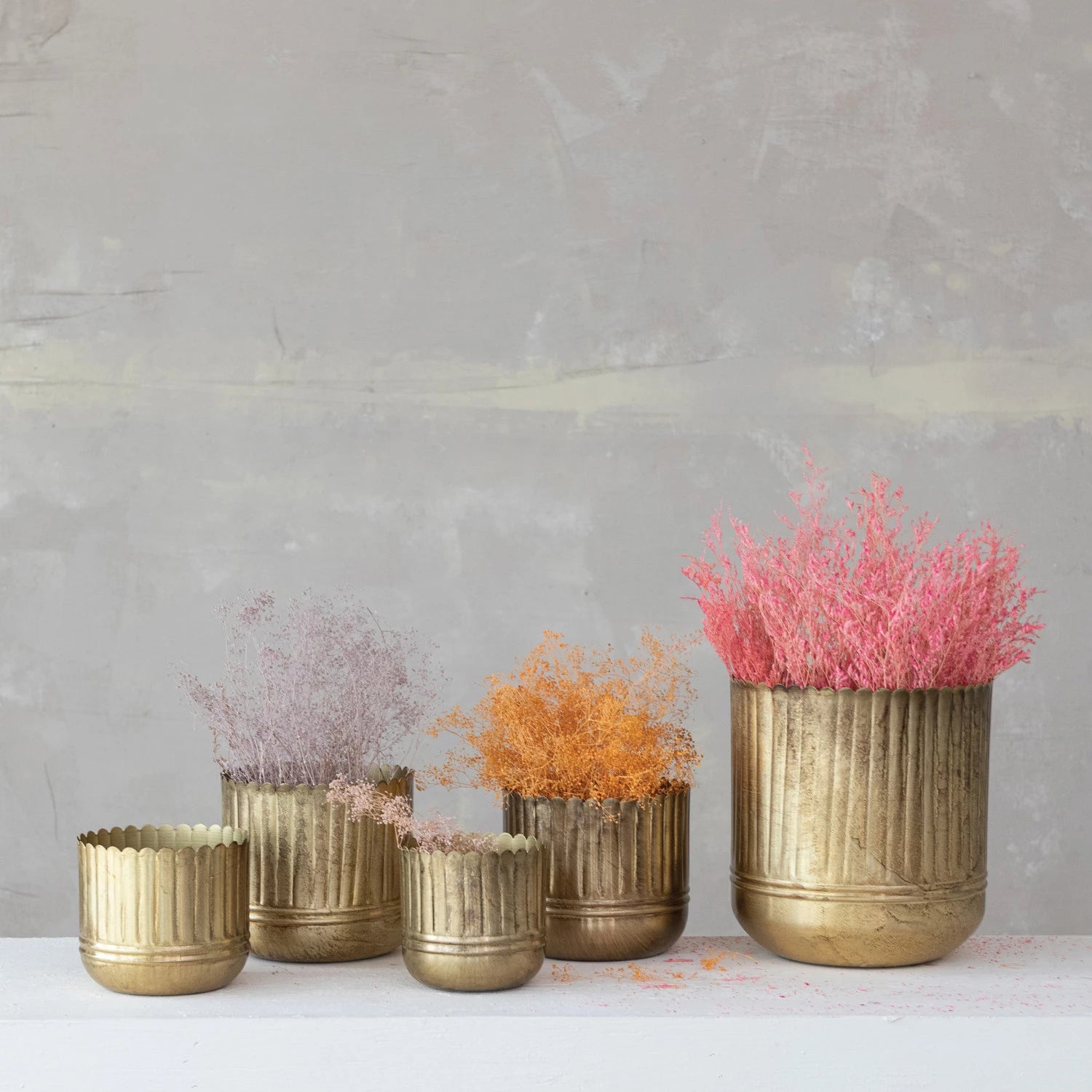 Metal Ribbed Planters with Scalloped Rims, Antique Gold Finish, 5 Size Options