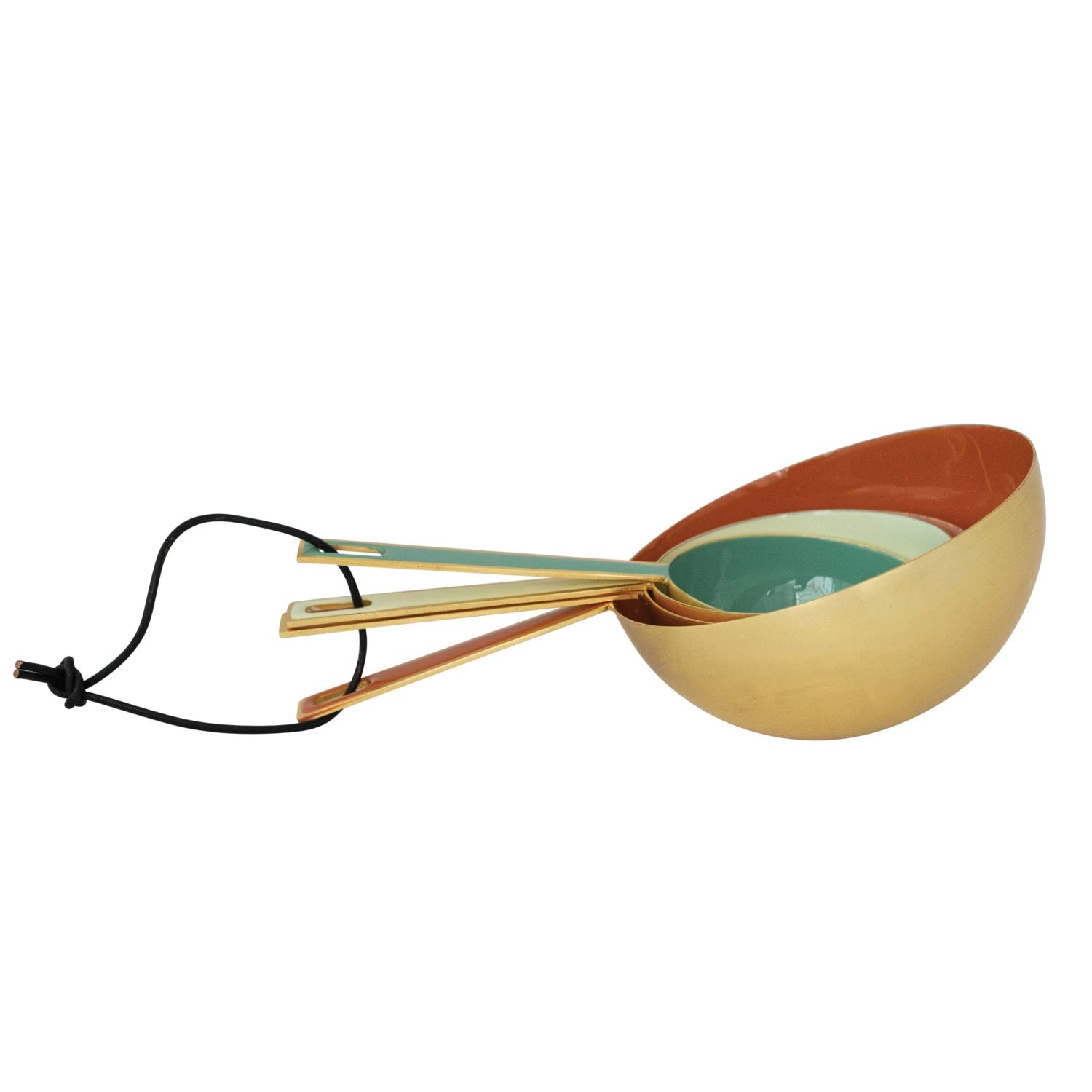 Enameled Measuring Cups with Leather Tie, Gold Finish