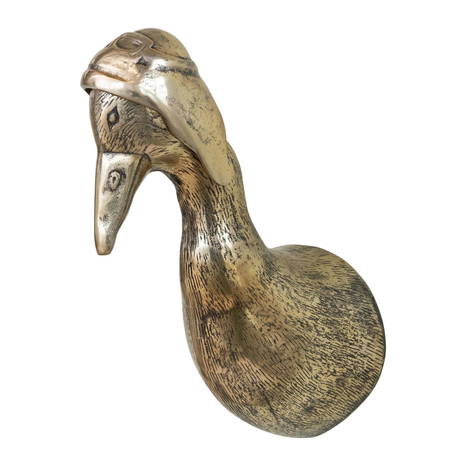 Cast Aluminum Duck Head with Flight Hat Wall Décor, Antique Brass Finish