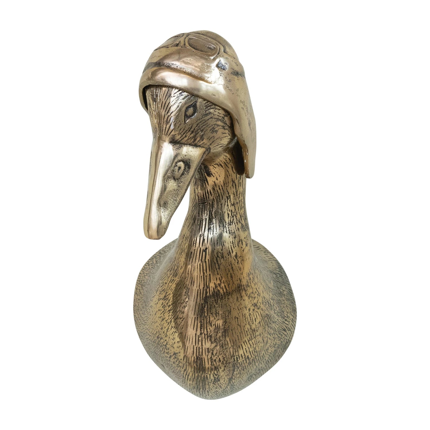 Cast Aluminum Duck Head with Flight Hat Wall Décor, Antique Brass Finish