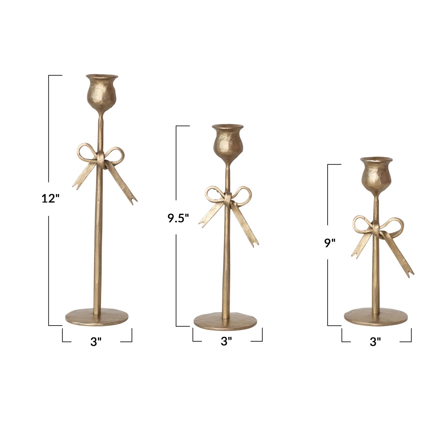 Set of 3 Antique Gold Hand-Forged Iron Iron Taper Holders with Bow