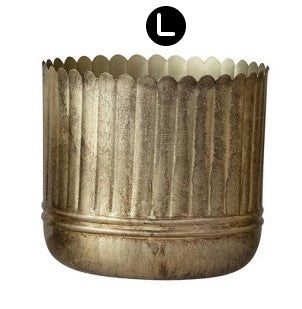 Metal Ribbed Planters with Scalloped Rims, Antique Gold Finish, 5 Size Options