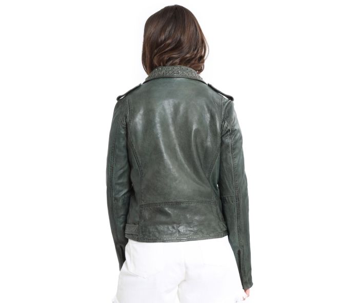 Washed Green Studded Leather Jacket, Size Options