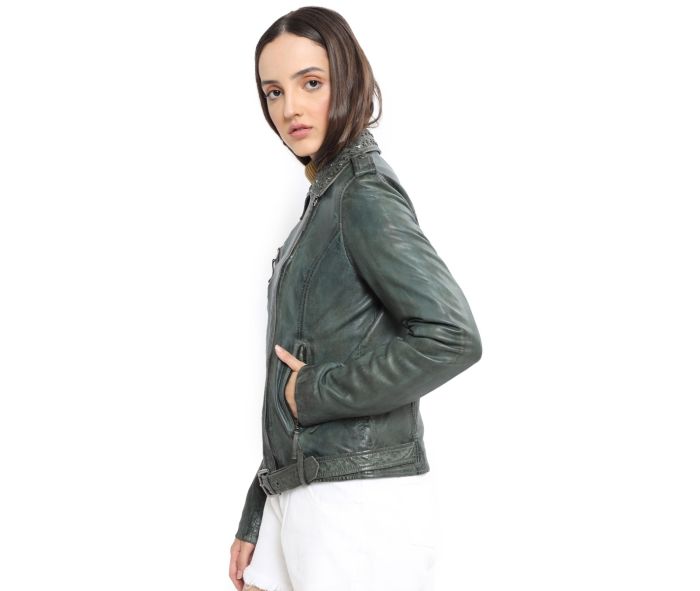 Washed Green Studded Leather Jacket, Size Options