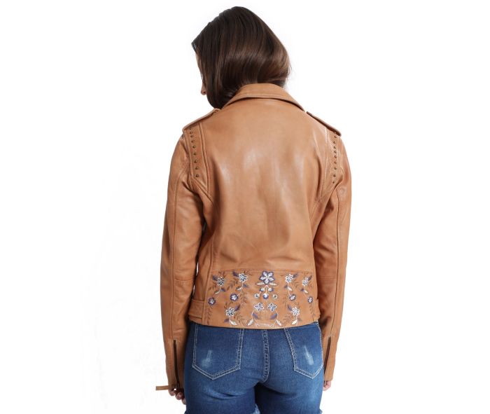 Tanned Embroidered Leather Jacket, Size Options