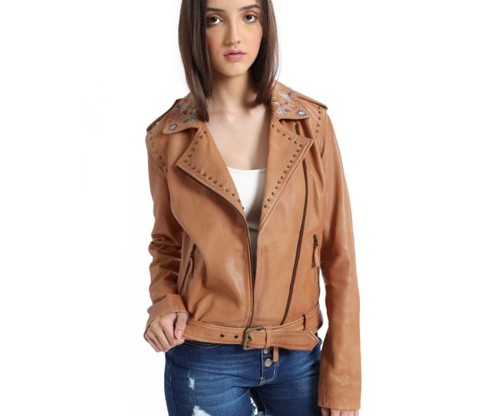 Tanned Embroidered Leather Jacket, Size Options