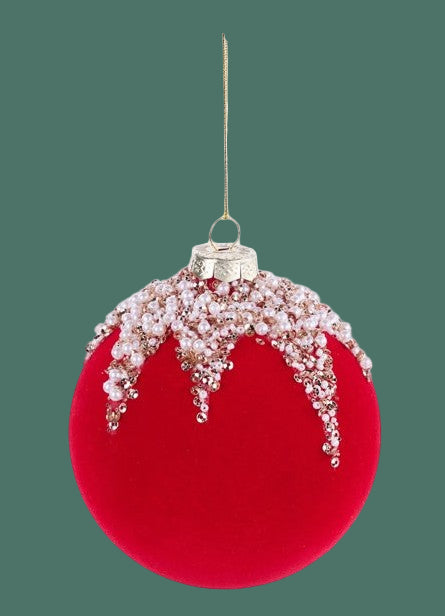 Red Flocked Beaded Glass Ball Ornament