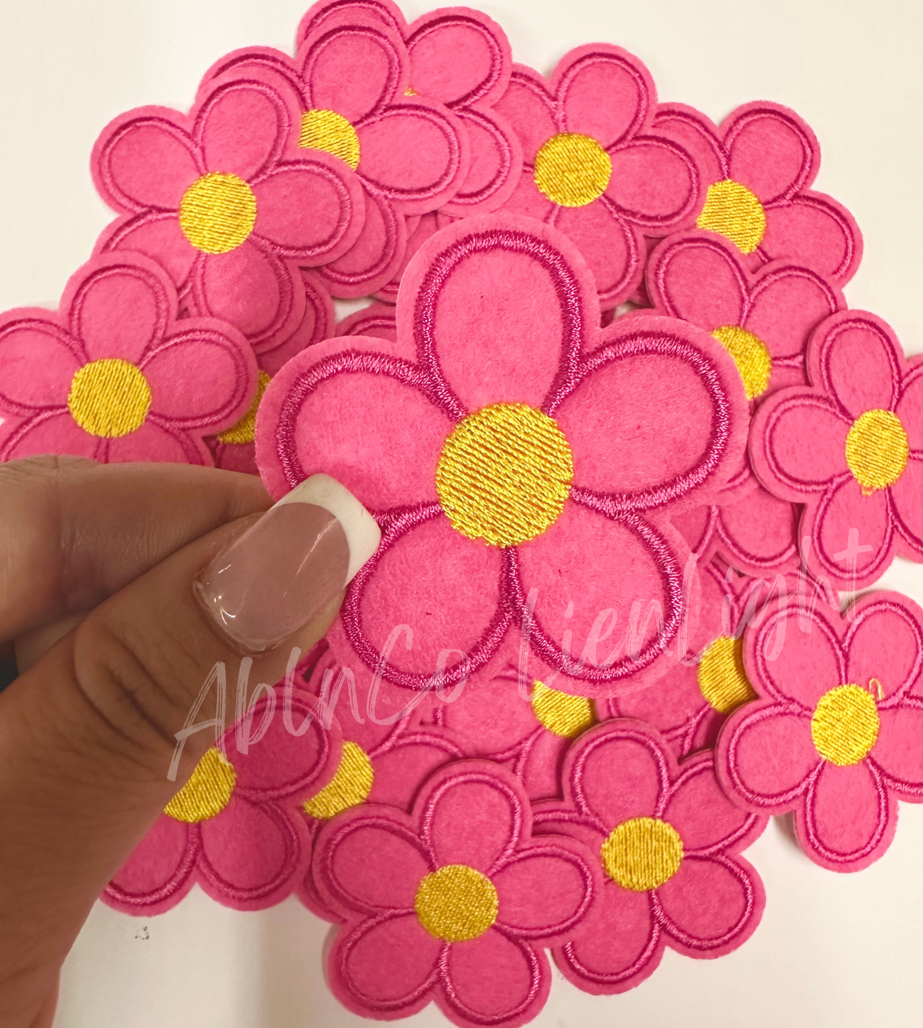 Pink daisy flower embroidery patch