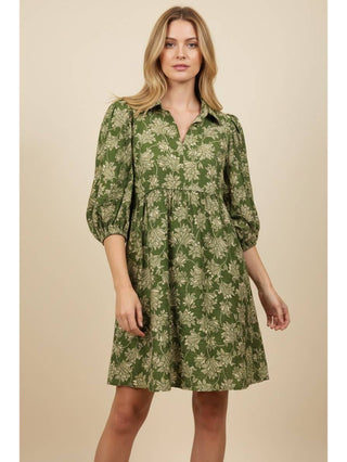 Botanical Puff Sleeve Babydoll Mini Shirt Dress