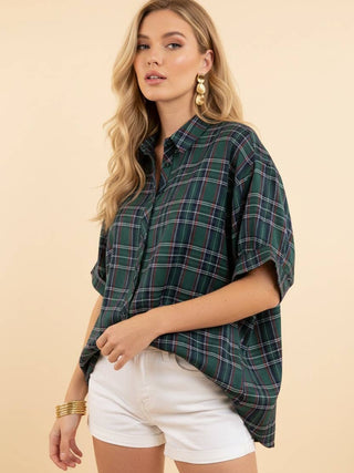 Plaid Button Front Collared Short Sleeve Shirt