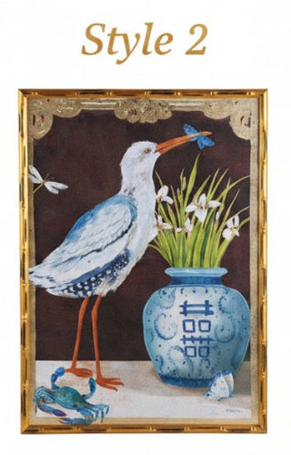 Pre Order Wood Faux Bamboo Framed Bird w/ Urn Canvas , 2 Style Options