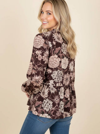 Floral Chrysanthemum Babydoll Blouse with Tie-Neck