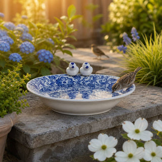 Bird Feeder - Blue & White Ceramic Floral Chinoiserie, 10 in.