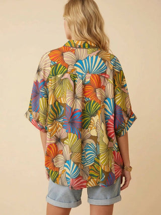 Tropical Multi-Color Leaf Print Button-Down Shirt