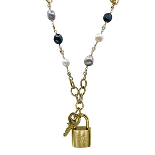 Pre Order LV lock denim freshwater pearl statement necklace