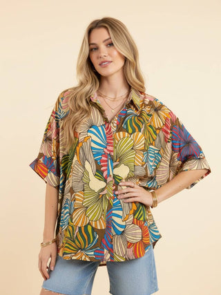 Tropical Multi-Color Leaf Print Button-Down Shirt