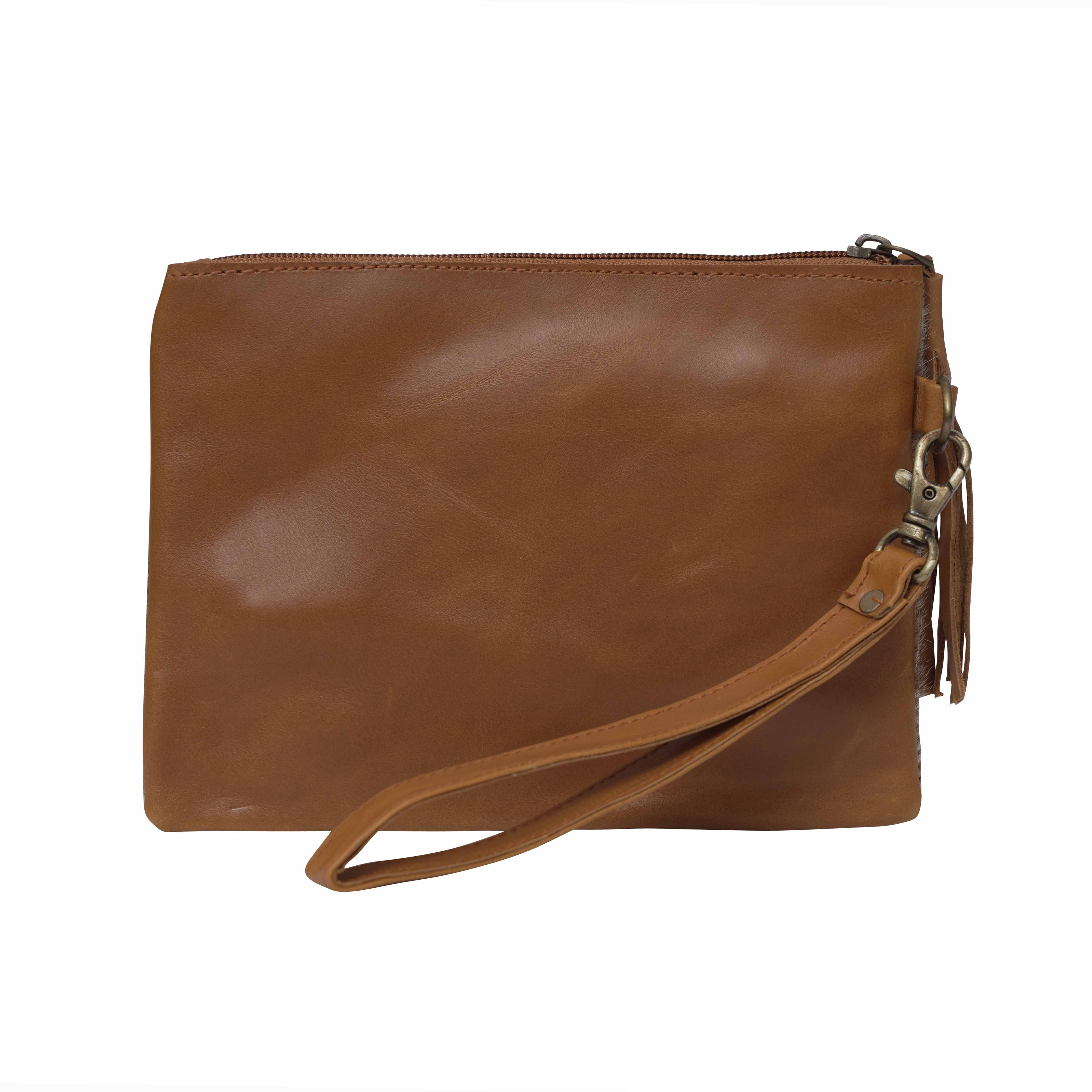 Small Cowhide Hairon Clutch with Tassel and Leather Back, Hide Will Vary