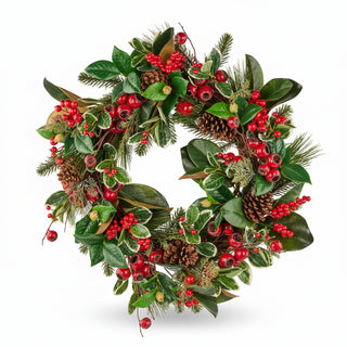 24" Magnolia, Pine, Holly Berry Wreath