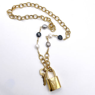 Pre Order LV lock denim freshwater pearl statement necklace