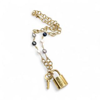 Pre Order LV lock denim freshwater pearl statement necklace