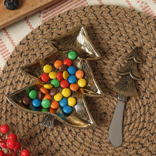 Gold Christmas Tree Butter Dish & Butter Knife