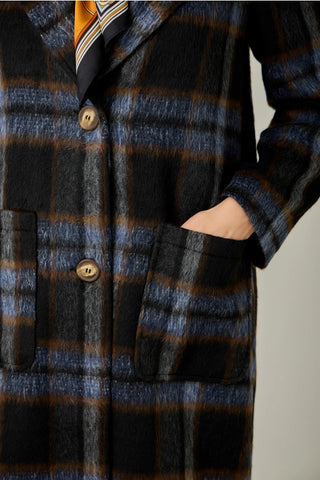 Midnight Blue Brushed Plaid Long Coat