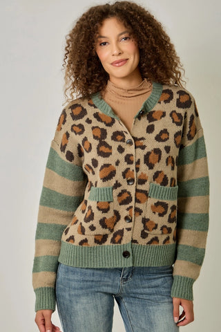 Leopard Jacquard Striped Sleeve Button Front Cardigan