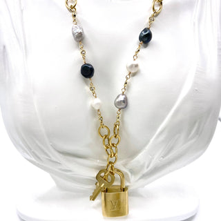 Pre Order LV lock denim freshwater pearl statement necklace