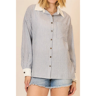 Cotton Blend Striped Oversize Blouse with Contrast Cuff and Collar