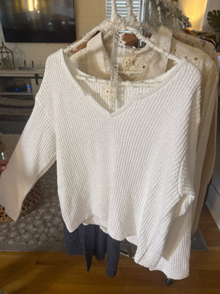 Textured Split Neck Knit Sweater