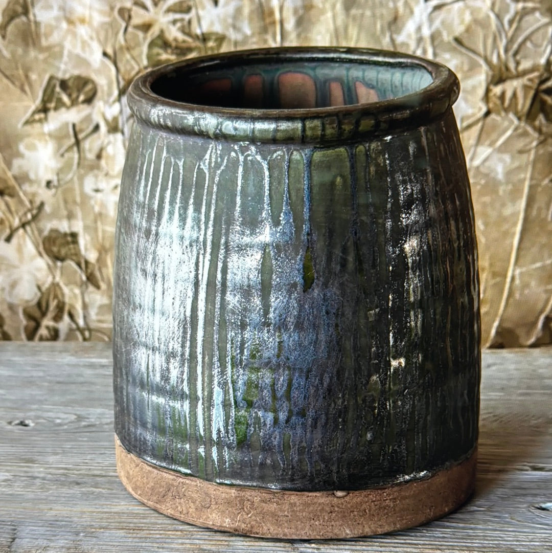 Aged Olive Dripped Glaze Vase